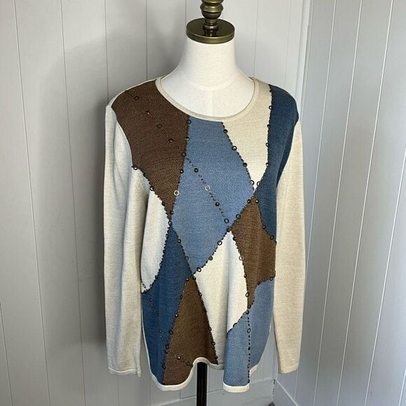 Alfred Dunner Womens Medium Pullover Sweater Colorblock Embellished Long Sleeve - Picture 1 of 14